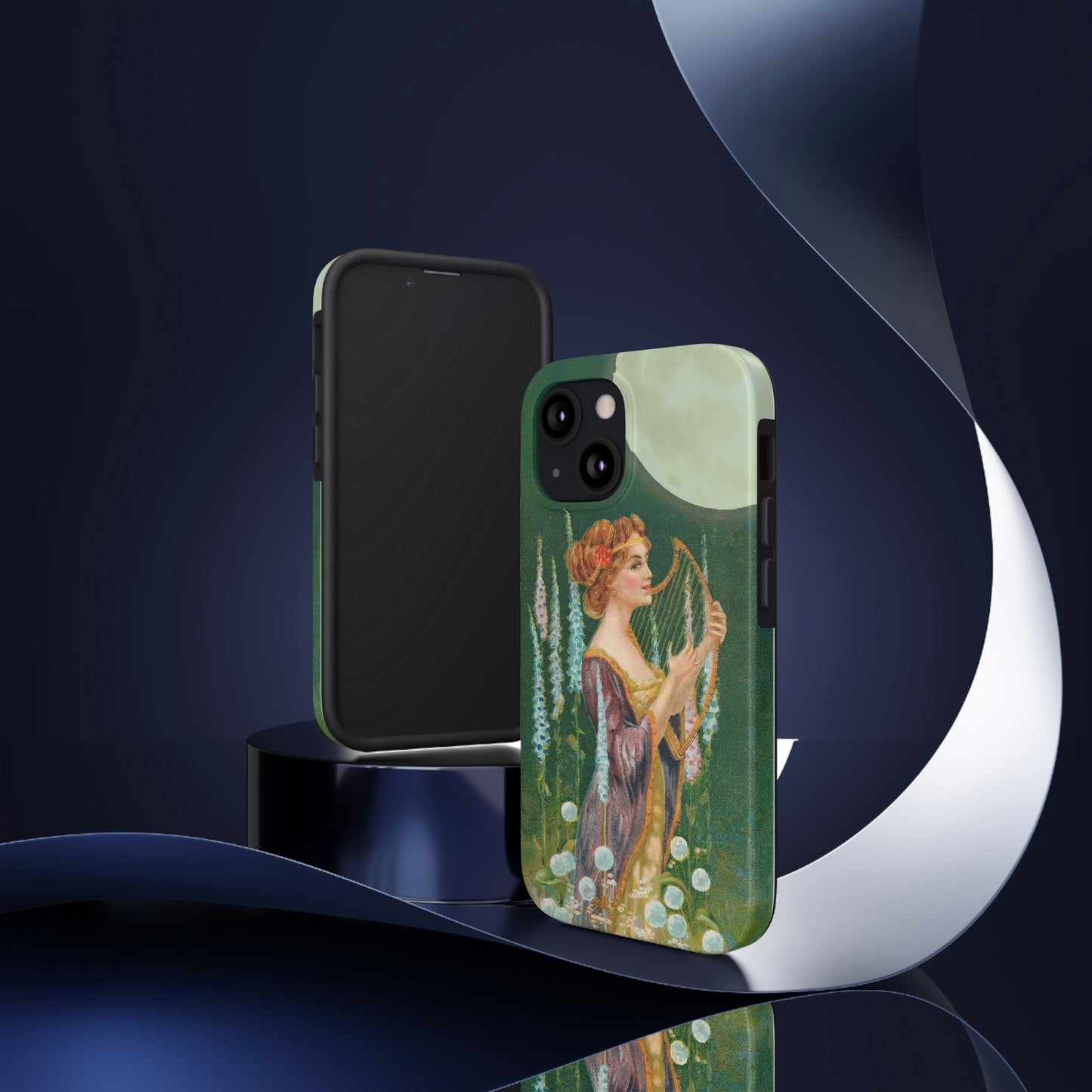 Unique iPhone case image of a maiden strumming her harp under a full moon.