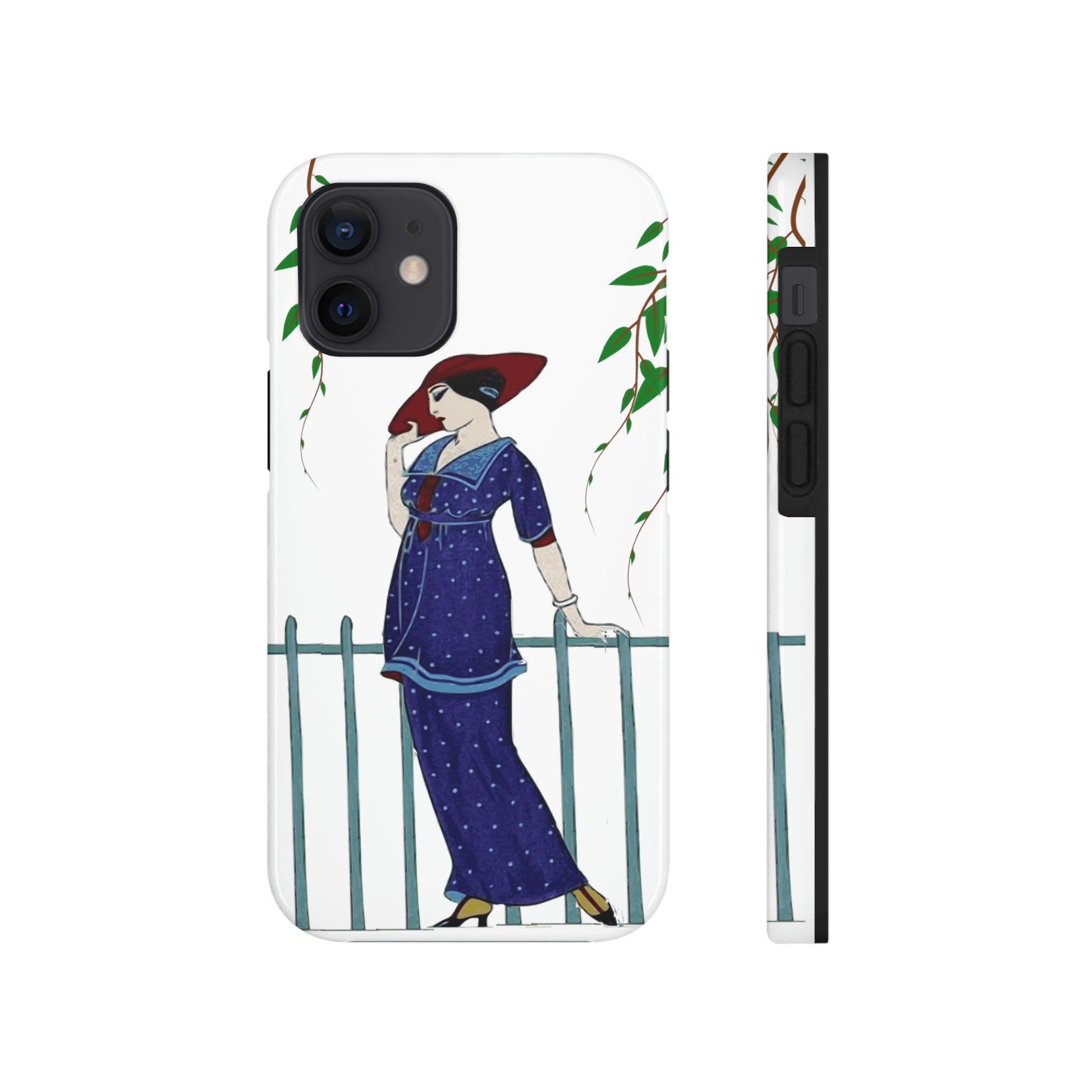 This unique iPhone case features an elegant woman in 1920s clothes and a red hat pausing next to an iron fence and looking pensive.