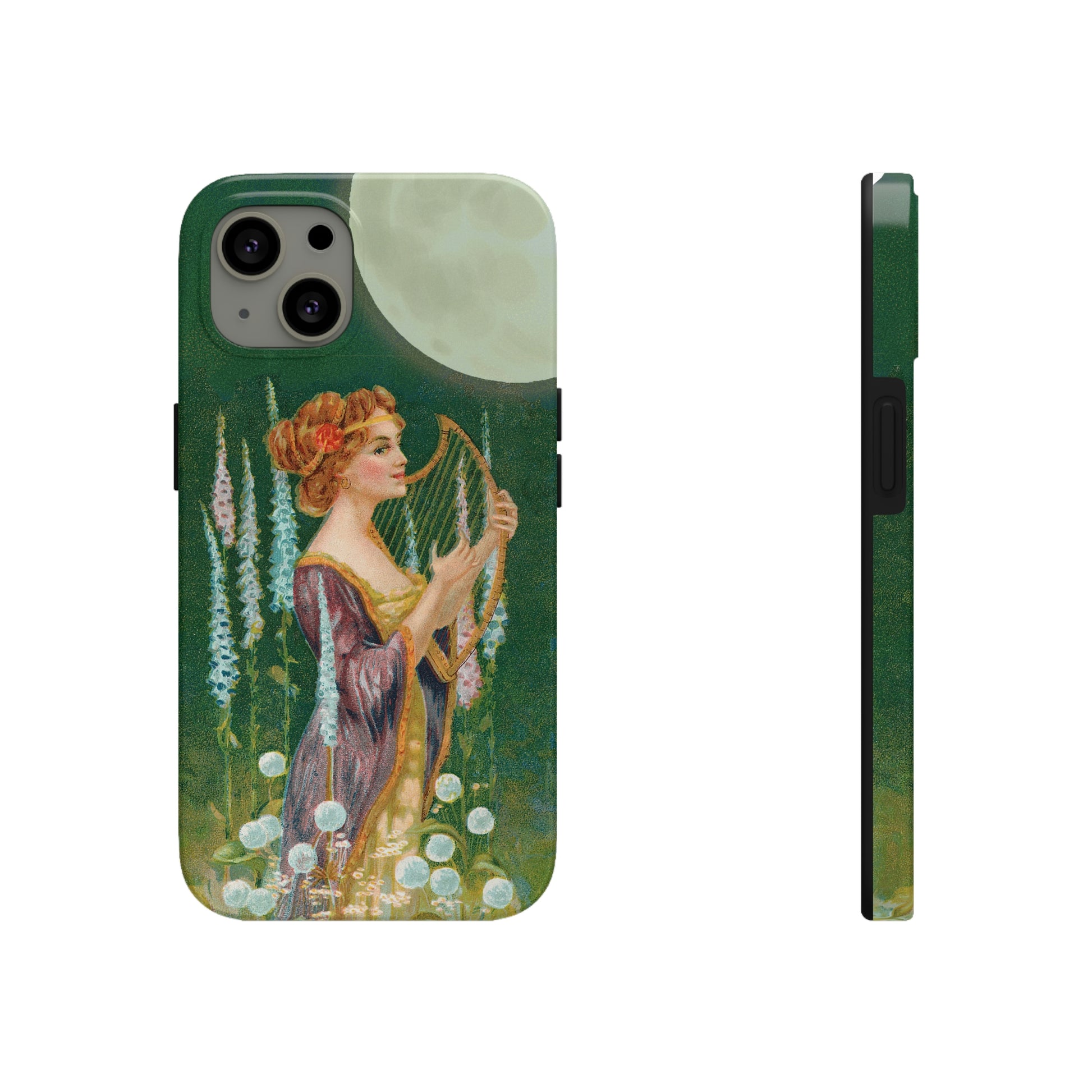 Unique iPhone case image of a maiden strumming her harp under a full moon.