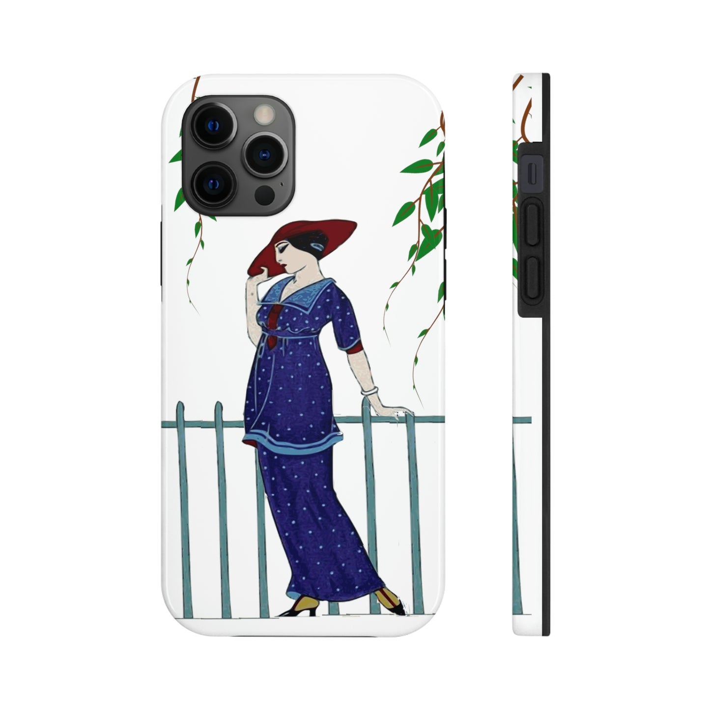 This unique iPhone case features an elegant woman in 1920s clothes and a red hat pausing next to an iron fence and looking pensive.