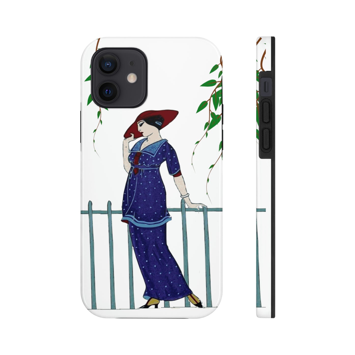 This unique iPhone case features an elegant woman in 1920s clothes and a red hat pausing next to an iron fence and looking pensive.