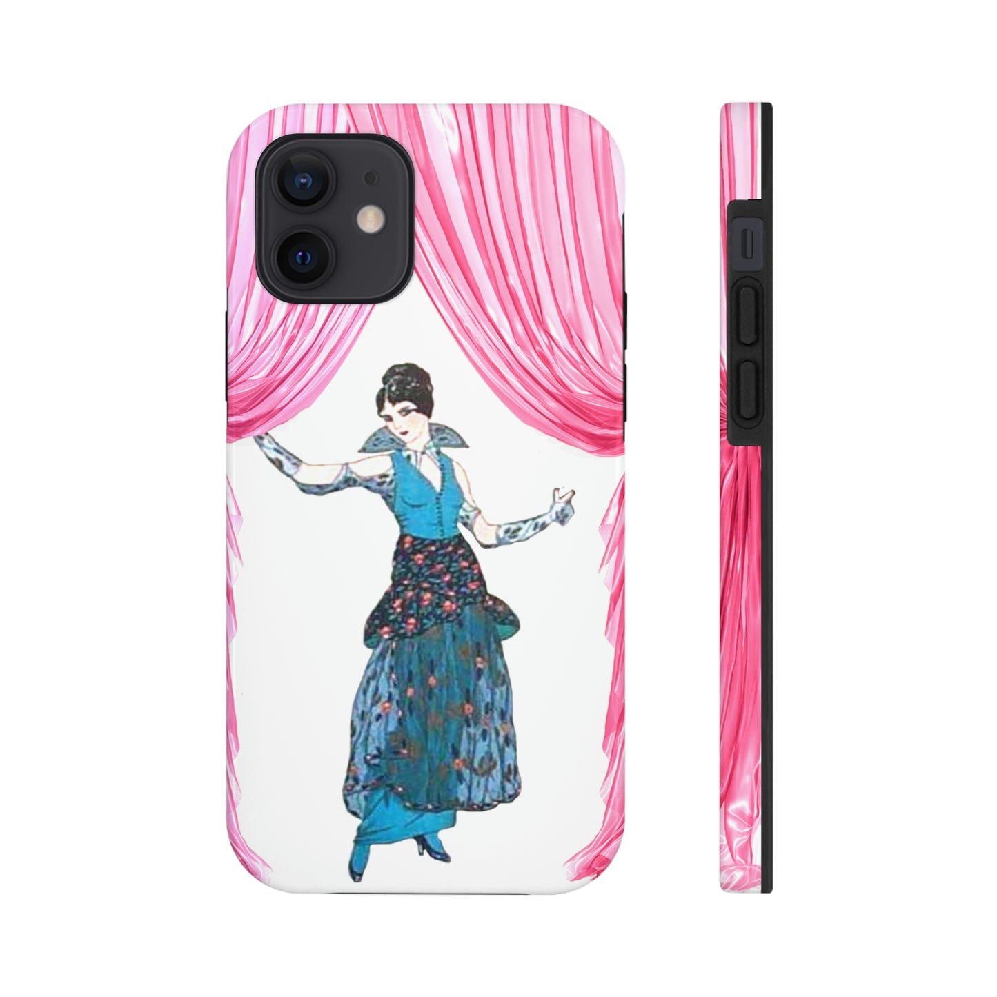 This Unique iPhone Case  features a woman in 1913 clothing stepping out from behind a pink curtain. 