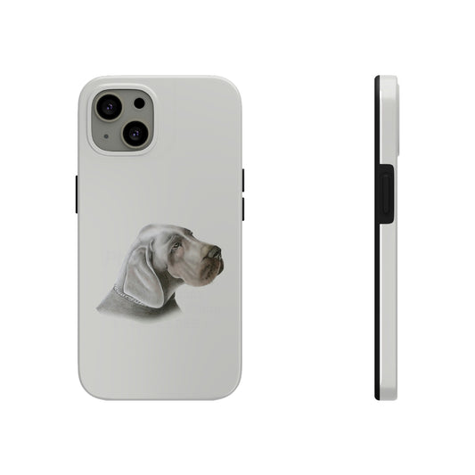 This unique iPhone case features a rending of a chalk sketch of a Weimaraner showing its head and shoulder.  