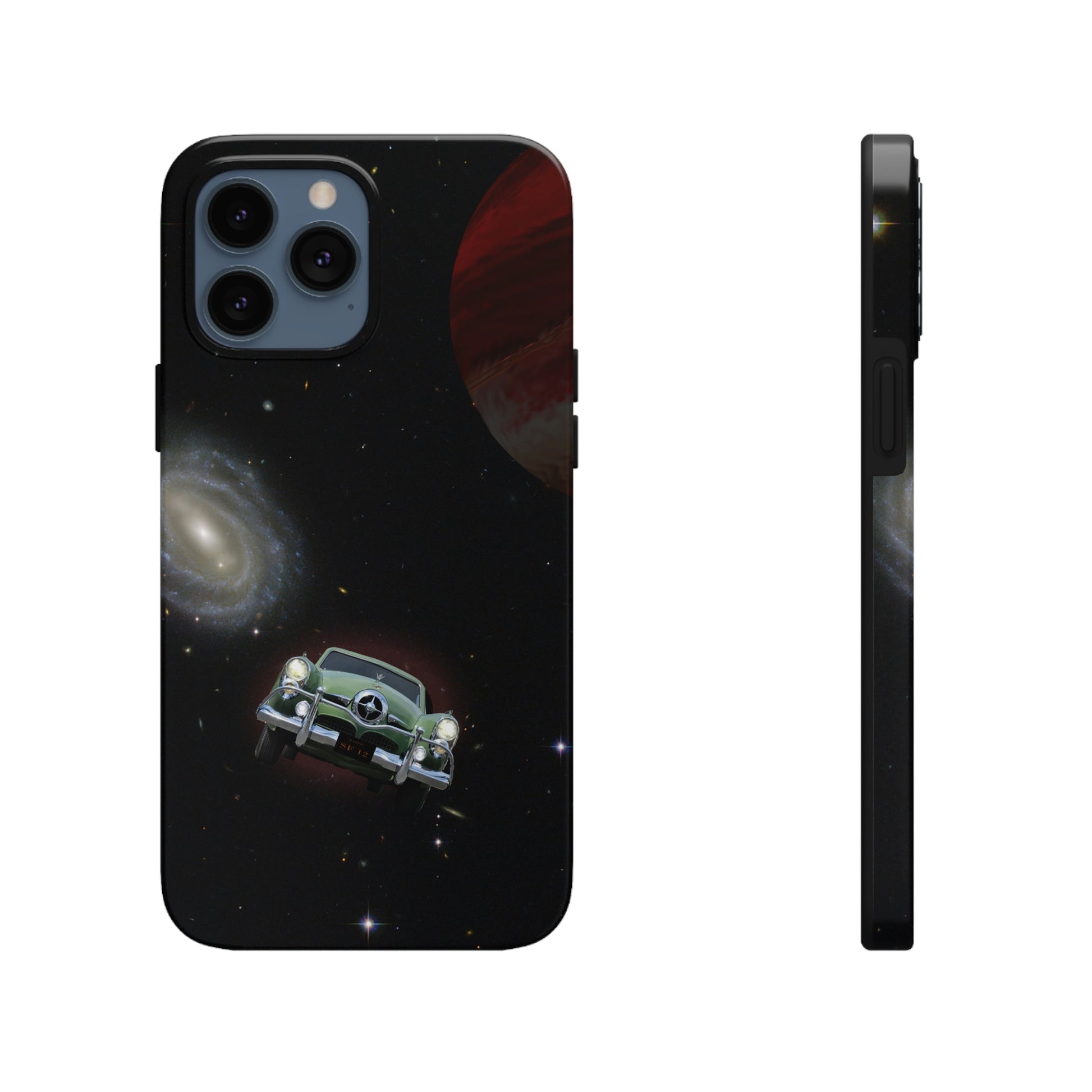 This unique iPhone case features a Studebaker Commander traveling through space with planets in the background