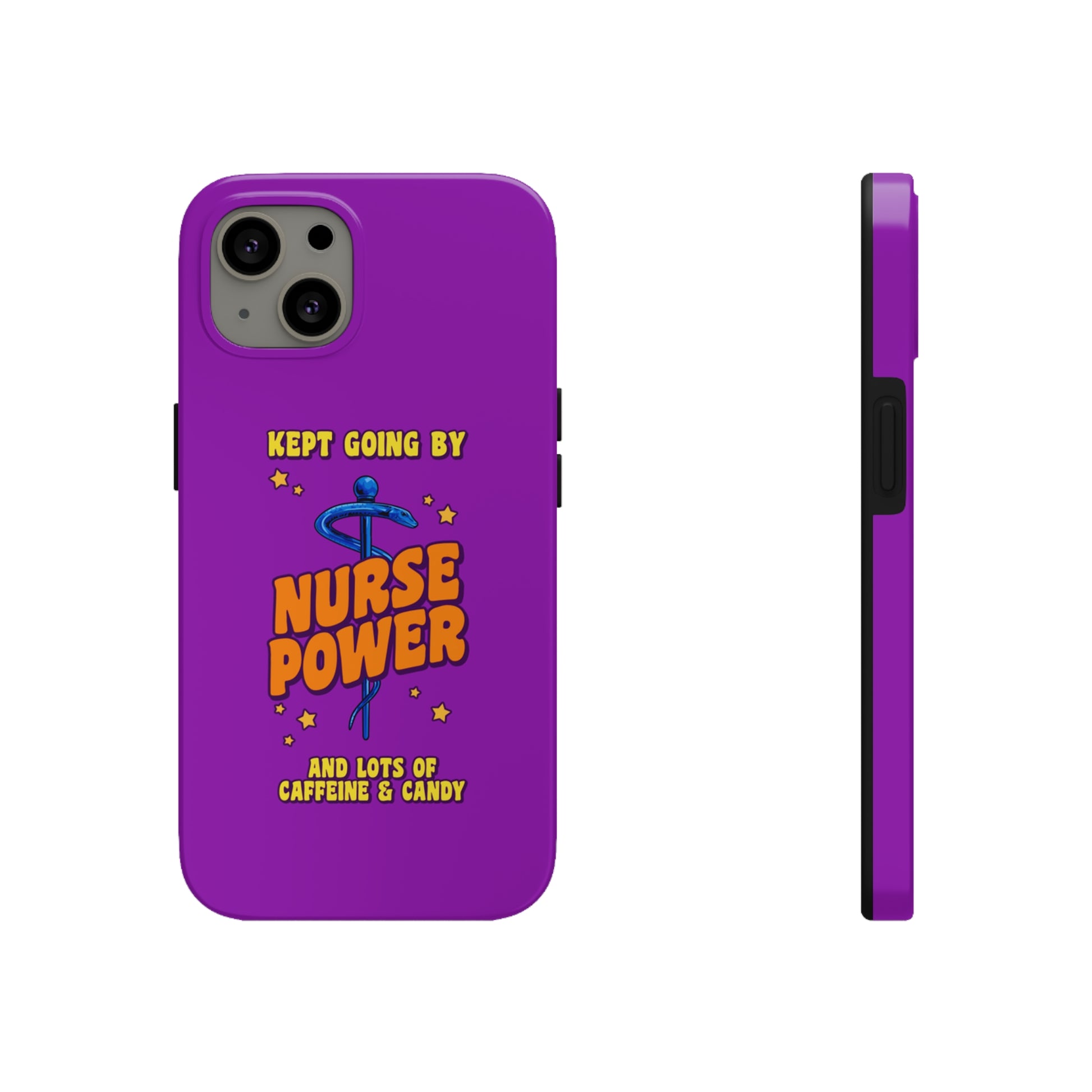 Unique iPhone case with medical symbol with text saying Nurse Power and Kept Going with Caffeine and Candy,