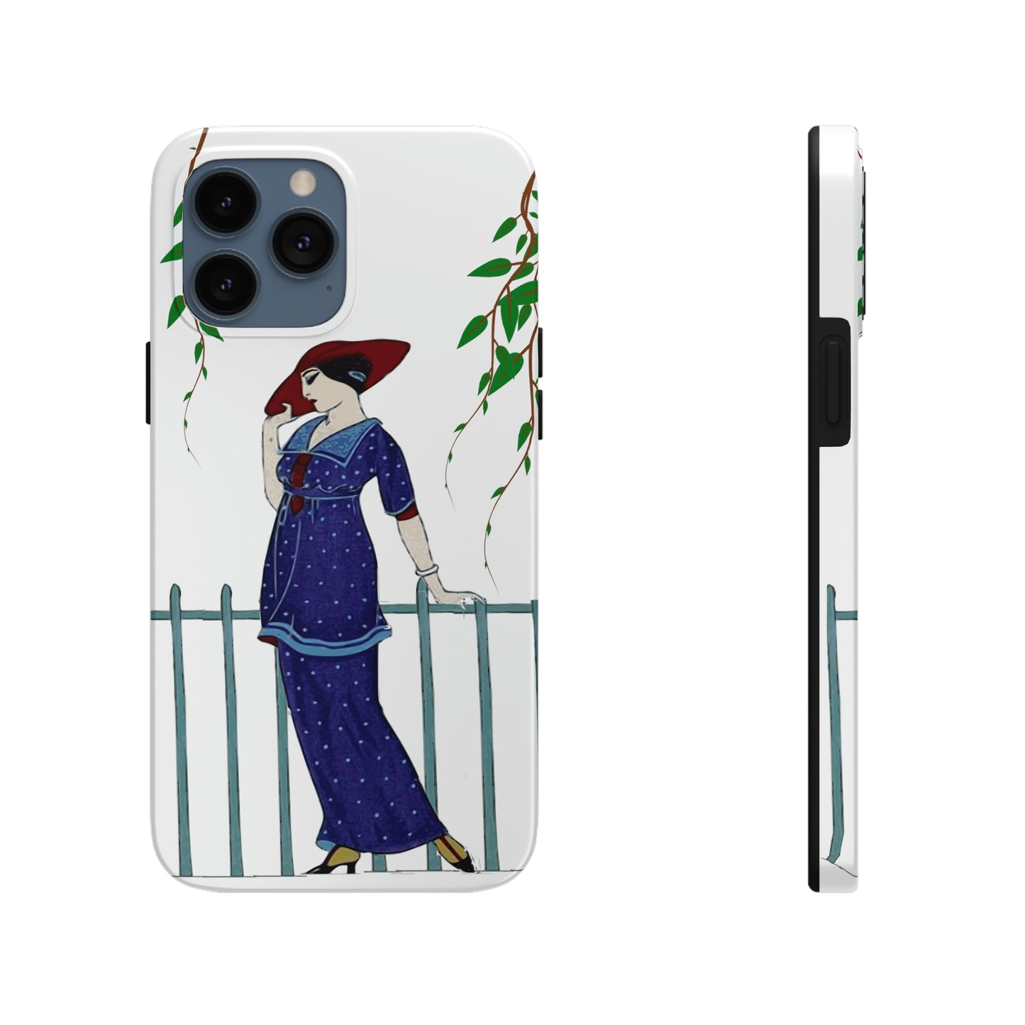 This unique iPhone case features an elegant woman in 1920s clothes and a red hat pausing next to an iron fence and looking pensive.