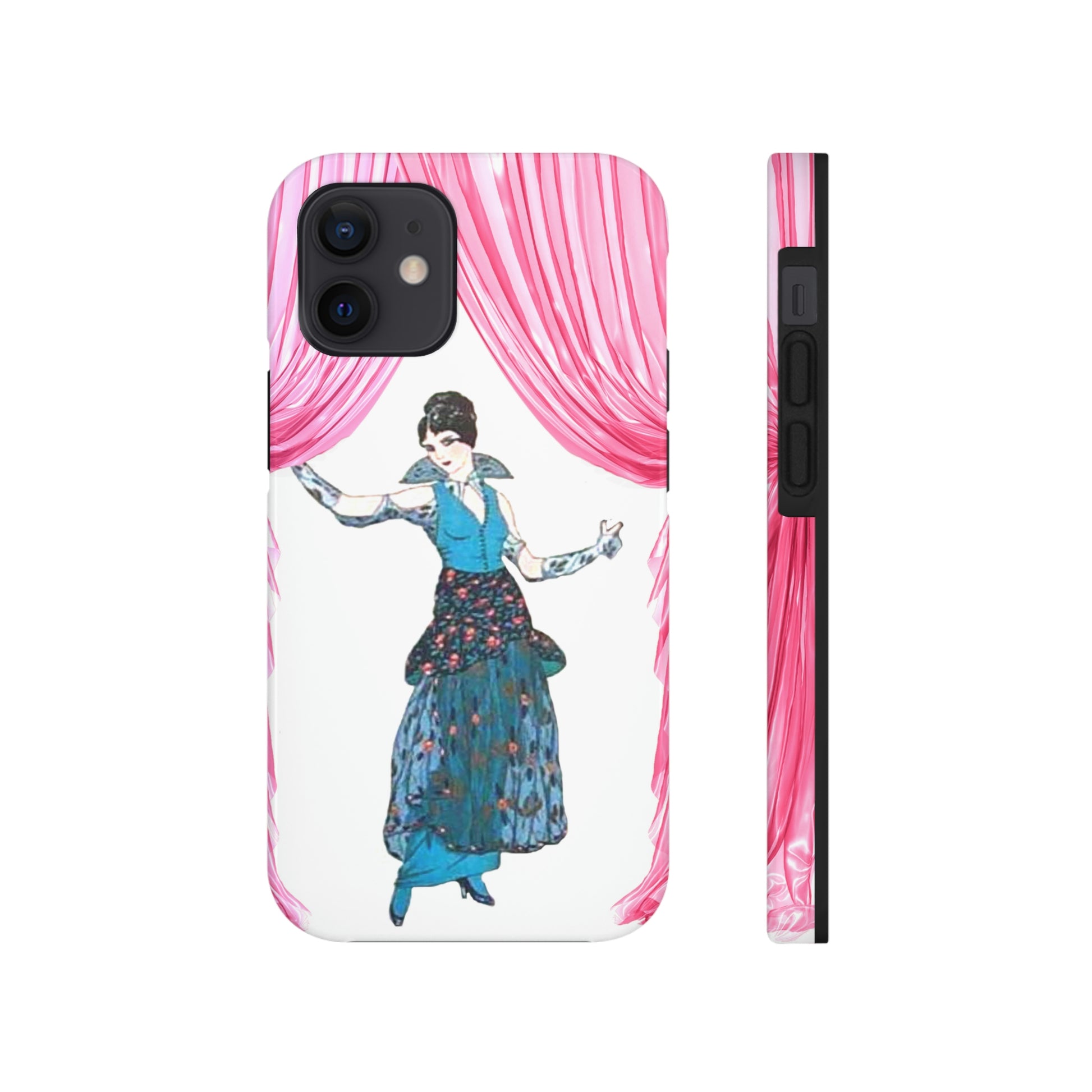 This Unique iPhone Case features a woman in 1913 clothing stepping out from behind a pink curtain. 