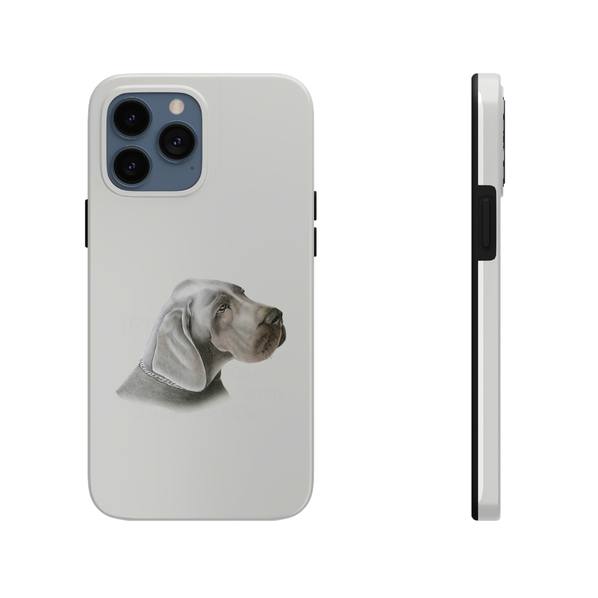 This unique iPhone case features a rending of a chalk sketch of a Weimaraner showing its head and shoulder.  