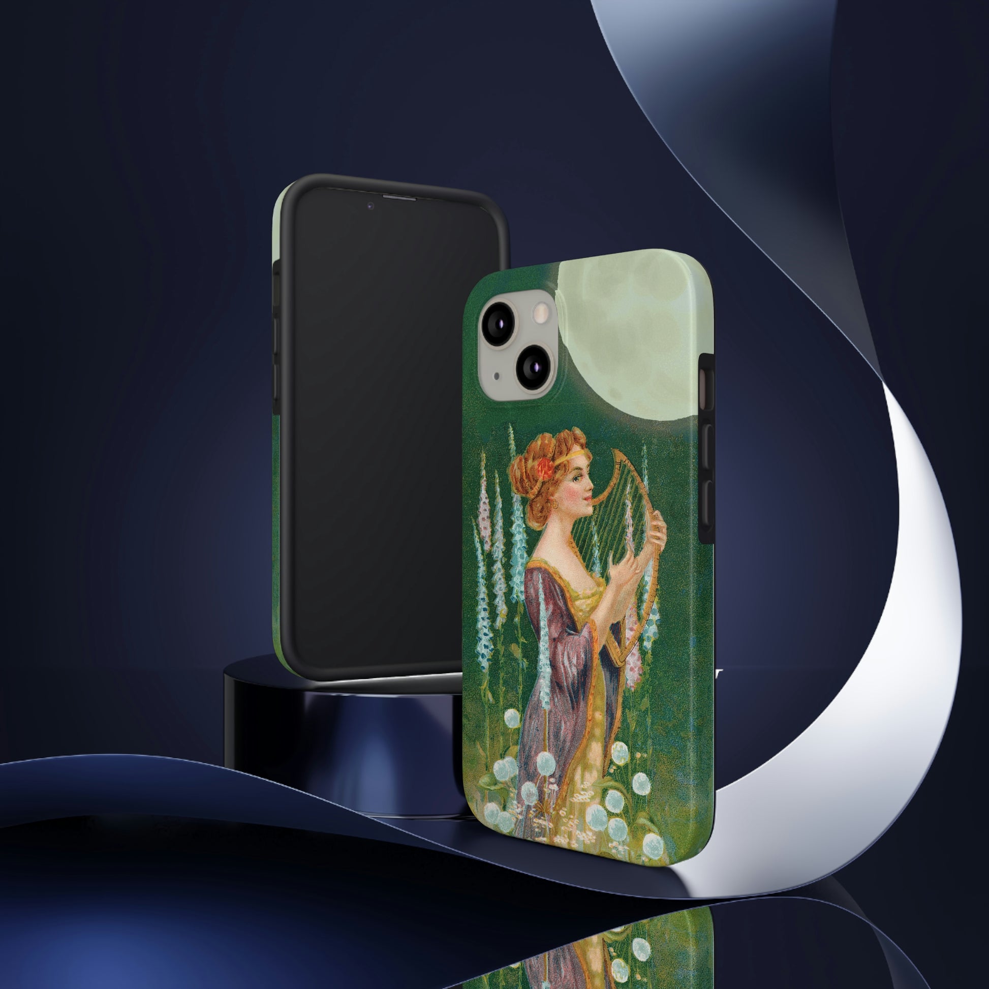 Unique iPhone case image of a maiden strumming her harp under a full moon.