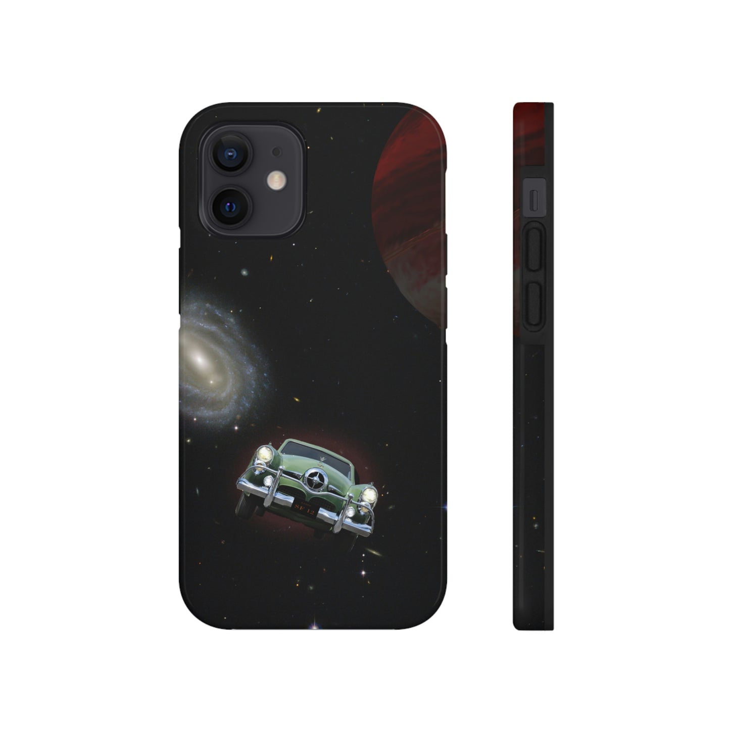 This unique iPhone case features a Studebaker Commander traveling through space with planets in the background