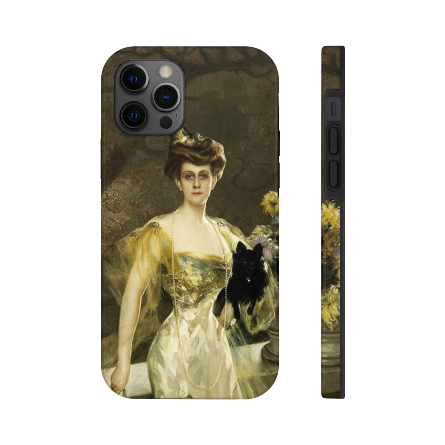 This unique iPhone case features an elegant 18th century lady in a golden evening gown, leaning against a balcony wall, and holding a black Scotty in one arm. She is looking directly at the viewer with no expression.